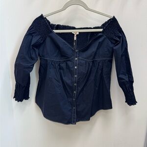 Rebecca Taylor Navy Smocked Off-Shoulder Blouse - NWT